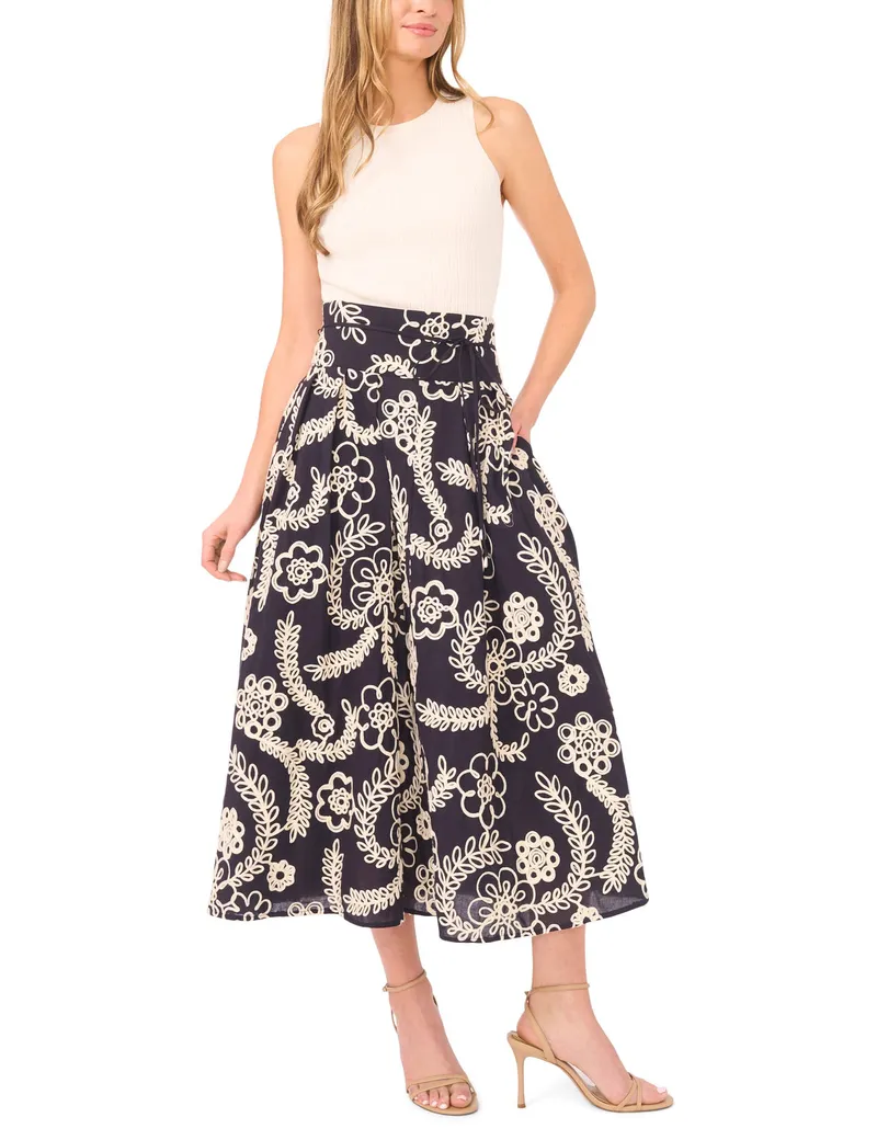 GUINEVERE Raised Embroidery Cotton Midi Skirt